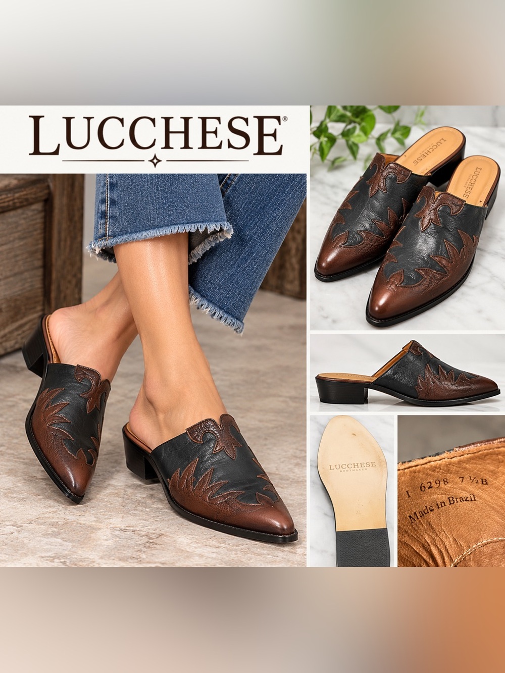 Lucchese 6298 Women’s 7.5 B Leather Western Mule Slides Brown Black